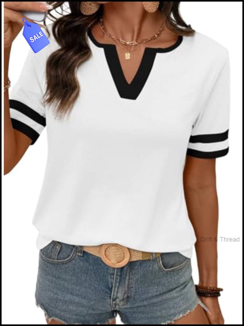 Women's Cotton Blend V Neck Short Sleeve Colorblock T-Shirt Casual Summer Tee